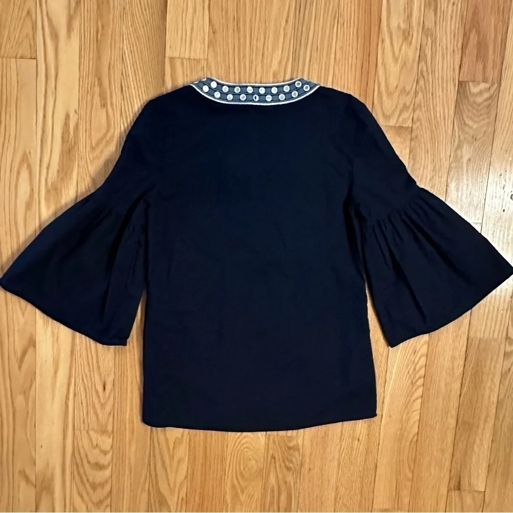 Tory Burch Womens Shirt Blue Sz 2 Bell Sleeve Ariana Tunic Embellished Boho Top